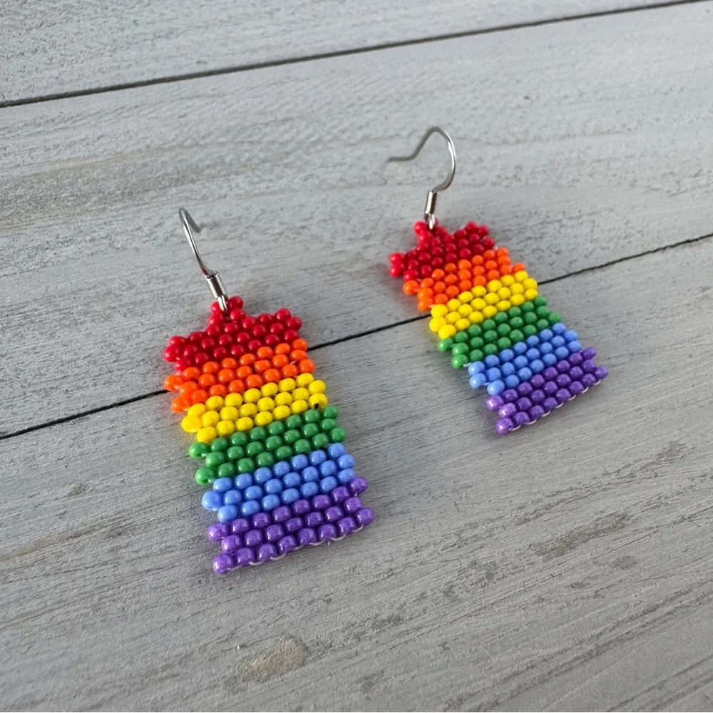 Rainbow Beaded Earrings LGBTQ Pride Jewelry‎ Handmade Stainless Steel Hook